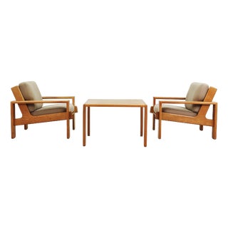 Bonanza Armchairs and Coffee Table in Oak by Esko Pajamies for Asko, Finland, 1966, Set of 3 For Sale