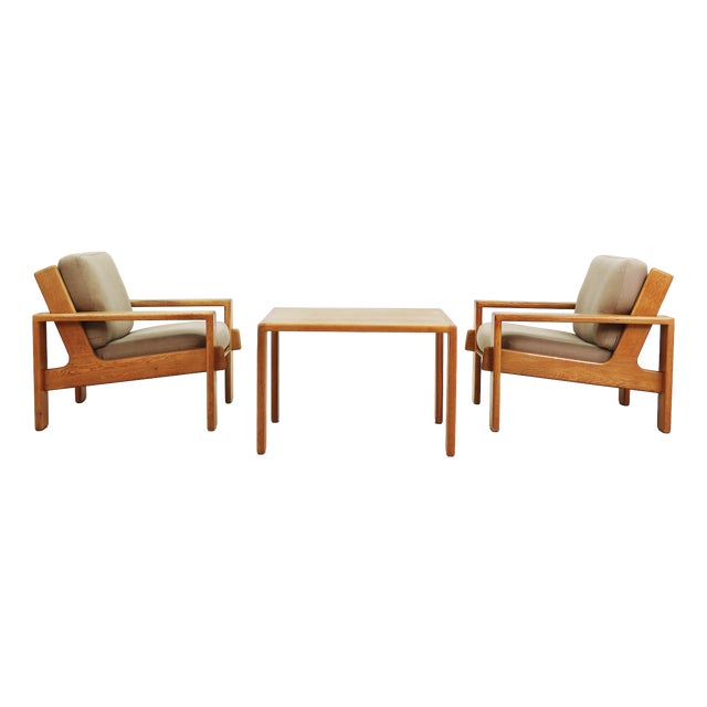 Bonanza Armchairs and Coffee Table in Oak by Esko Pajamies for Asko, Finland, 1966, Set of 3 For Sale