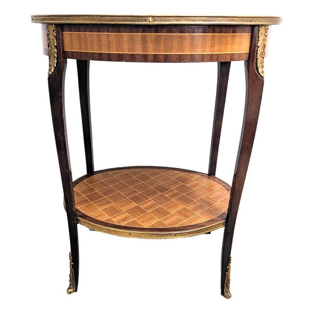 Vintage French Louis XV Style Table With Parquetry & Ormolu For Sale