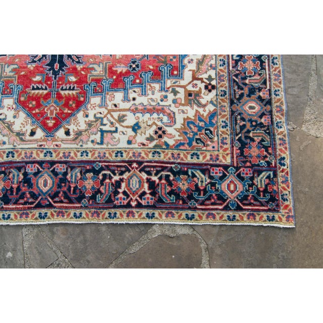 1930s Vintage Medallion Design Ink Blue Scarlet Red Low Pile Wool Hand-Knotted Rug - 7’5” X 10’7” For Sale In Los Angeles - Image 6 of 10