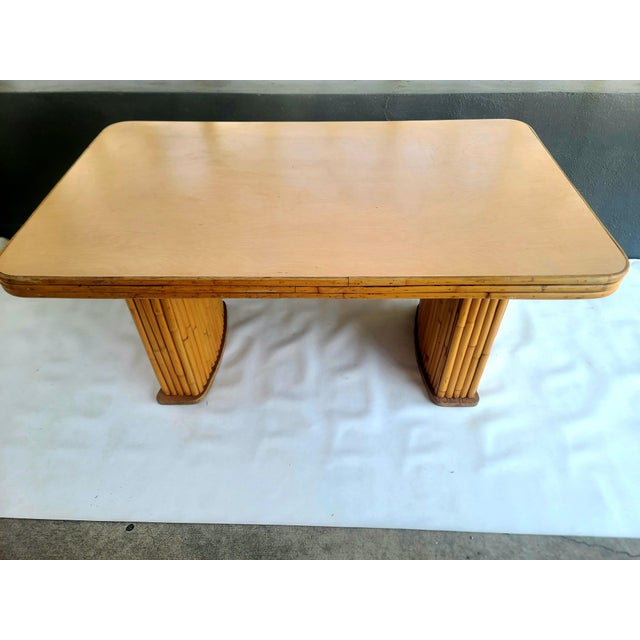 Hollywood Regency Vintage Rattan Patio Table With Curved Pedestal Bases, Attributed For Sale - Image 3 of 11