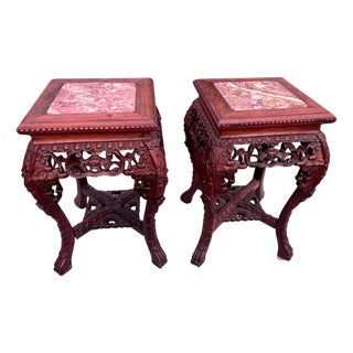 Antique Carved Asian Marble Top Chinese Stands a Pair For Sale