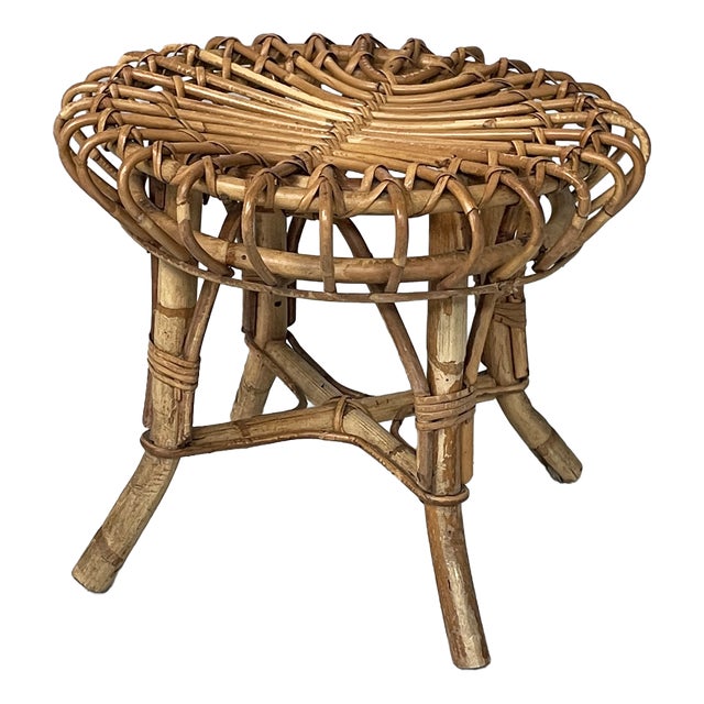 Mid-Century Modern Italian Round Table Stool in Rattan, 1960s For Sale