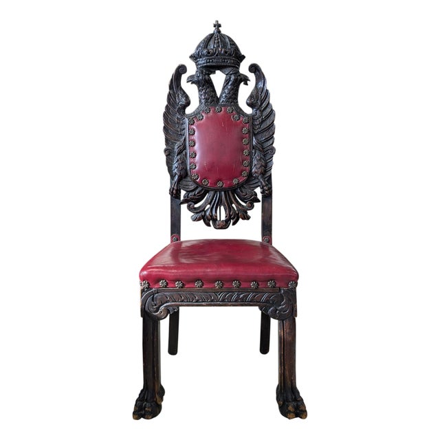 Antique Carved Heraldic Throne, Highback Chair For Sale