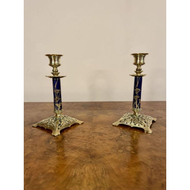 19th Century Antique Victorian Brass and Porcelain Candlesticks, 1880, Set of 2 For Sale - Image 5 of 7