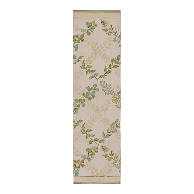 Rug & Kilim’s Tudor Style Flatweave Runner in Cream and Green Floral Patterns For Sale