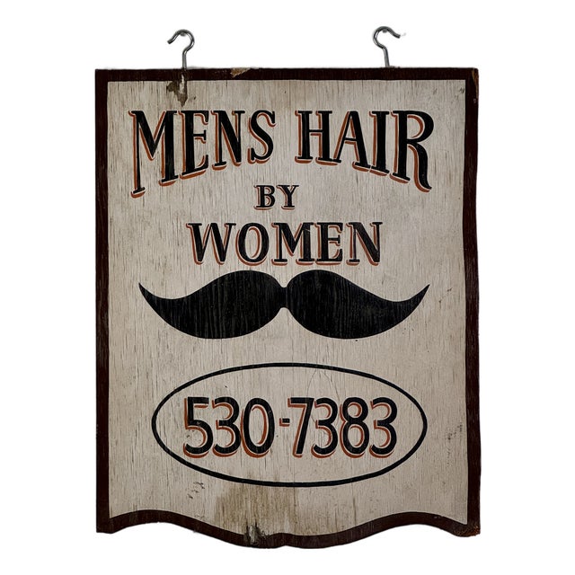 Vintage Double Sided Wooden Sign Advertising "Mens Hair by Women" With Mustache Illustration For Sale