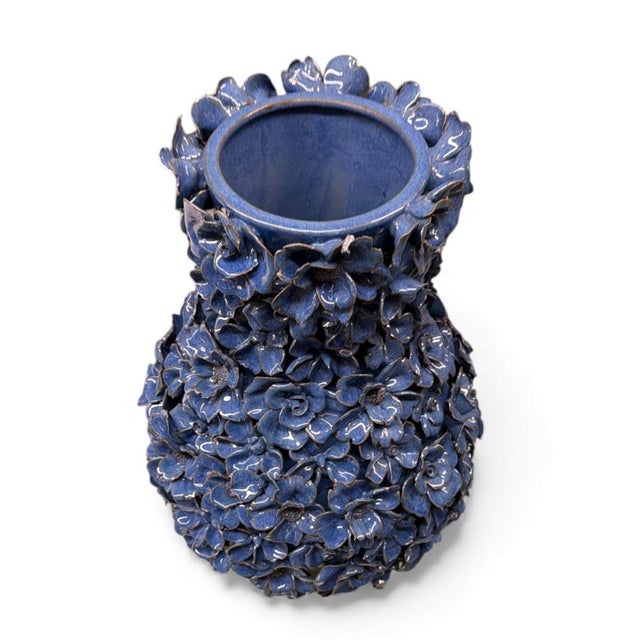 Traditional Rare & Elaborate Mid-Century Style Indigo Floral Glazed Ceramic Vase For Sale - Image 3 of 5