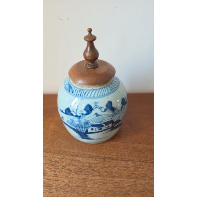 Chinoiserie 19th Century Qing Dynasty Ginger Jar Blue & White Chinese Porcelain Antique Tea Caddy Covered Jar Chinoiserie Decor For Sale - Image 3 of 11