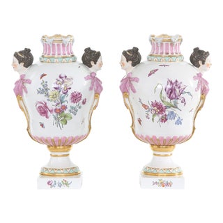 19th Century Pair Gilt / Floral Porcelain Decorative Urns For Sale