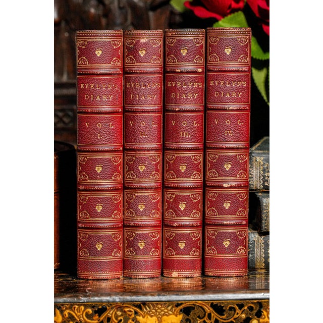 Victorian Beautiful Red Leather Spine Ornate Antique Victorian Books Correspondence of John Evelyn English Home Decor For Sale - Image 3 of 10
