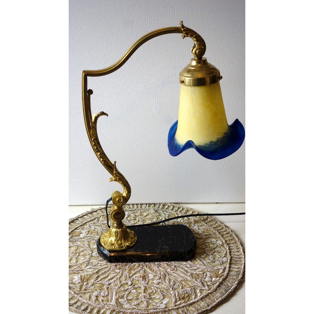 Antique Brass and Marble Pate De Verre Table Lamp, France, 1920s, in Very Good conditions. Designed 1920 to 1949 This...