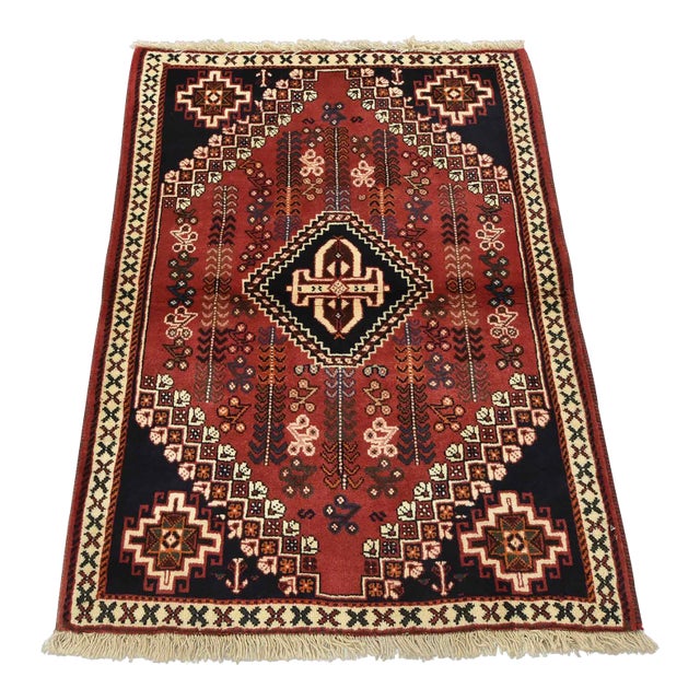 Shiraz Rug 3’5” X 4’7” Red Wool Vintage Tribal Hand-Knotted Oriental Carpet For Sale