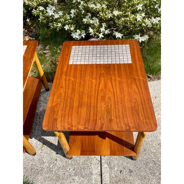 1960s Lane "Monte Carlo" Walnut & Tile Inlay End/Side Tables 1960s Pair Mid-Century Modern For Sale - Image 5 of 12