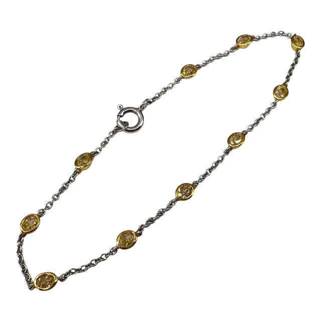 Natural Yellow Diamond Station Bracelet 14kt Two Tone Gold 1.04ctw 7in New For Sale