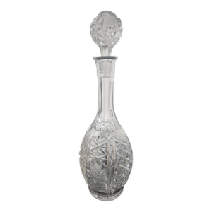 1960s Mid-Century Cut Modern Crystal Decanter With Faceted Stopper – Starburst and Crosshatch Pattern