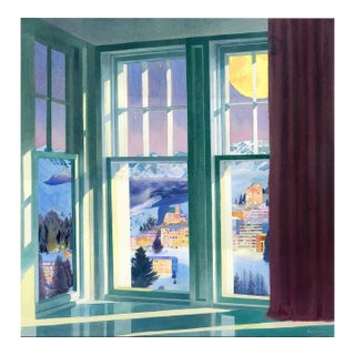 Yang Fan Large Green Window Whale Moonlit Village - Original Watercolor Painting - Museum-Grade Archival Print, Signed For Sale