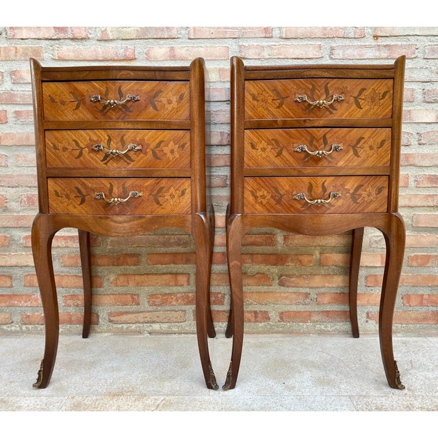 Pair of French Louis XV Revival Inlaid Bedside Tables with Three Drawers, 1940s For Sale - Image 4 of 11