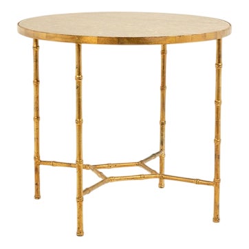 Pedestal Table with Bamboo-Style Gold Metal Base and Gray Marble Top For Sale