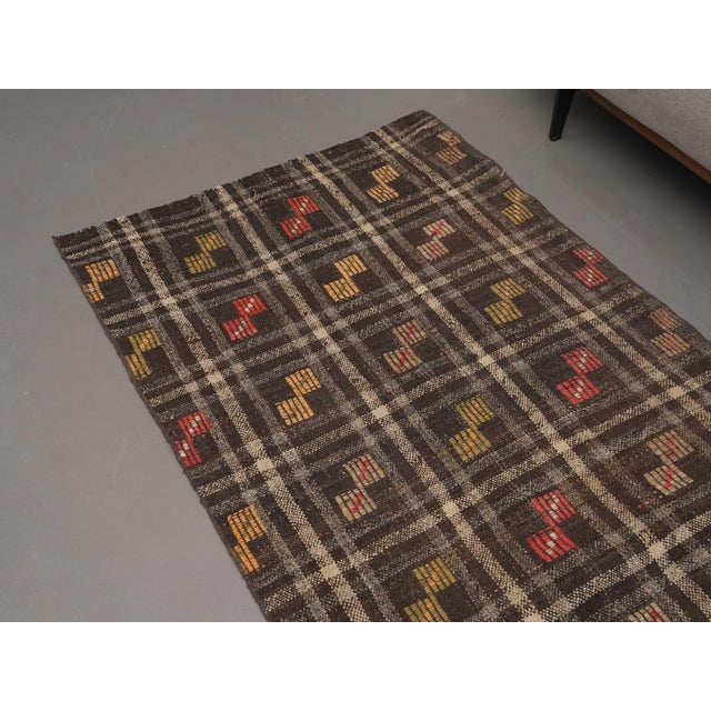 Turkish 1970s Vintage Handmade Wool Cotton Brown Runner Rug For Sale - Image 3 of 11