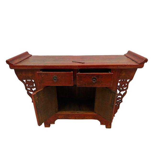 Chinese 19th Century Antique Chinese Red Lacquered Console Table, Sideboard For Sale - Image 3 of 10