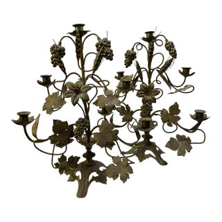 1920s French Pair of Brass Candelabras With Lily, Grape, and Wheat Motifs For Sale