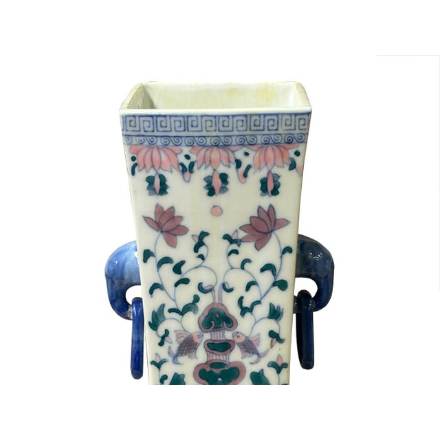Vintage Oriental Porcelain White Blue Pink Color Flower Bats Graphic Art Vase For Sale In San Francisco - Image 6 of 10