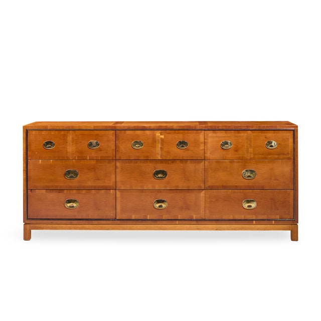 Hickory Manufacturing Mid Century Walnut and Brass Campaign Dresser This lowboy measures: 72 wide x 19.25 deep x 30.25...