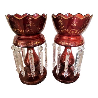 Antique Mantle Lusters Late Victorian Ruby Glass, Enamel and Gilt, Albert Prisms- Set of 2 For Sale