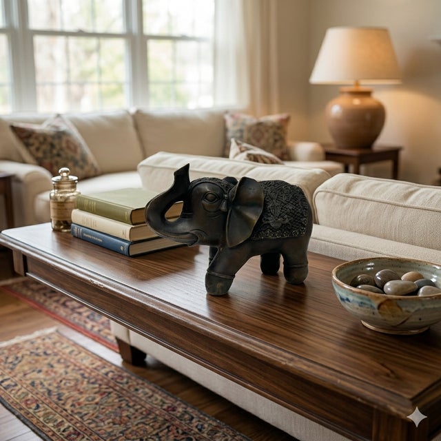 Vintage Dark Brown Metal Elephant Trunk Up Accent Figure For Sale - Image 9 of 9