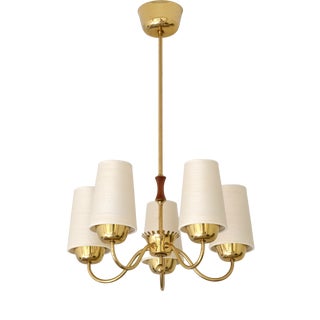 Brass 5-Arm Chandelier with Silk Shades from Asea Belysning, Sweden, 1950s For Sale