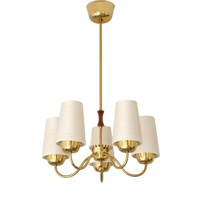 Brass 5-Arm Chandelier with Silk Shades from Asea Belysning, Sweden, 1950s For Sale