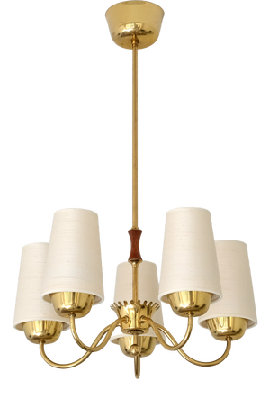 Brass 5-Arm Chandelier with Silk Shades from Asea Belysning, Sweden, 1950s