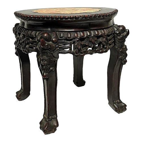 Antique Chinese Carved Rosewood and Inlaid Marble Taboret Table / Pedestal / Low Stool With Foo Dogs