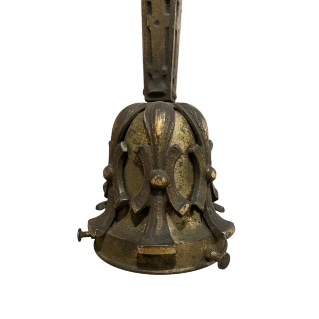 Brass Antique Art Nouveau Patinated Brass & Opal Glass 5-Light Chandelier For Sale - Image 8 of 12