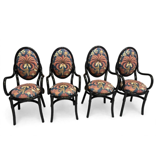 Black Lacquered Bamboo Chairs with Floral Fabric by Vivai Del Sud, 1970, Set of 4 For Sale - Image 11 of 11