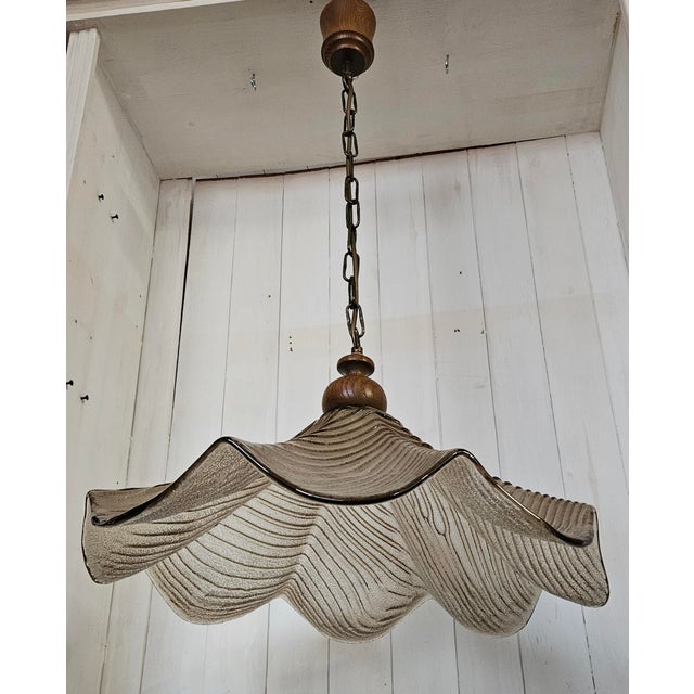 Vintage Ceiling Lamp with Relief Glass Shade on Oak Wood Mount and Brass Chain, 1970s For Sale - Image 6 of 9