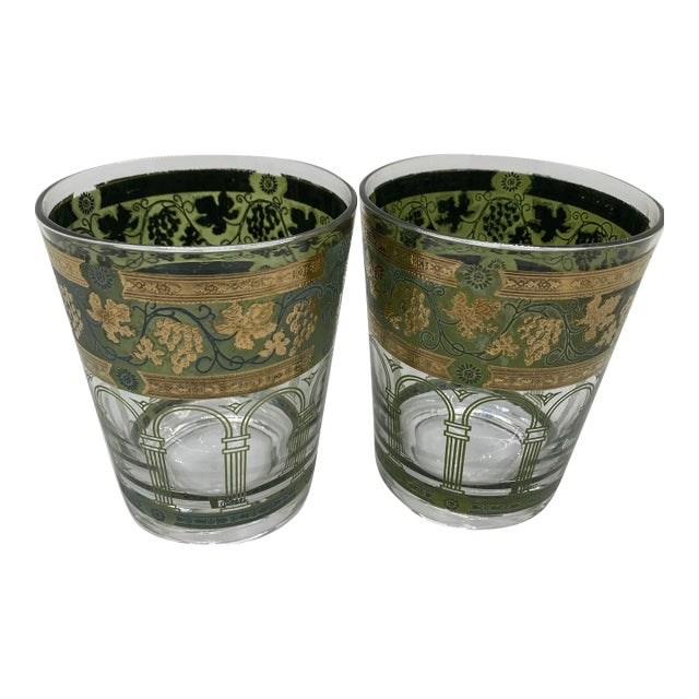 Mid-Century Cera Glass Golden Grapes Green Flat Bottom Tumblers with 22 Karat Gold Decorations- Set of 2 For Sale