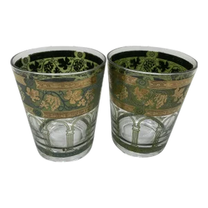 Mid-Century Cera Glass Golden Grapes Green Flat Bottom Tumblers with 22 Karat Gold Decorations- Set of 2