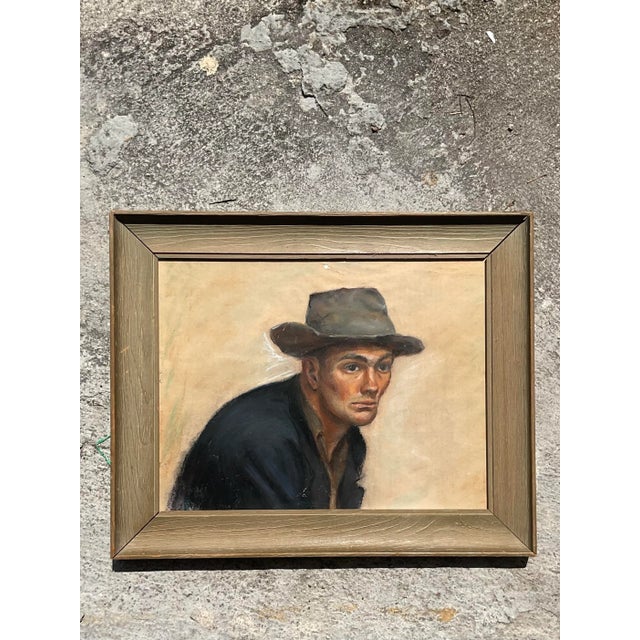 Fantastic vintage 1956 Original Pastel On Paper under glass. A fabulous composition of a young man in a hat. Acquired from...