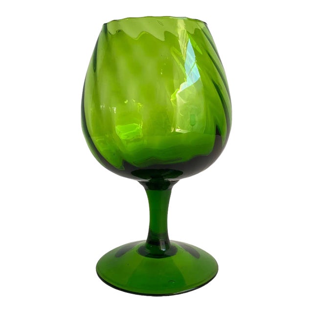 Mid Century Modern Empoli Optic Brandy Snifter Vase Green Swirl Footed Pedestal Bowl 1960s Vintage 9” Tall Italian Art Glass For Sale