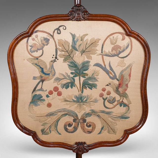 Brown Antique Pole Screen, English, Embroidered Fire Panel, Reflector, Early Victorian For Sale - Image 8 of 12