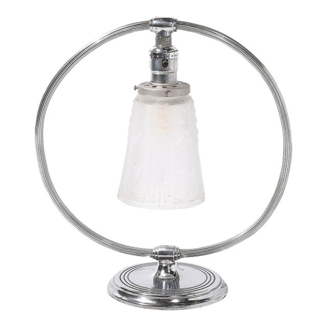 1930s Art Deco Chrome & Frosted Cubist Shade Open Form Table Lamp Signed Muller Freres For Sale