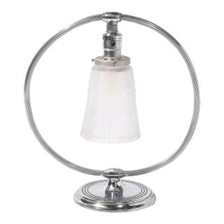 Art Deco Chrome & Frosted Cubist Shade Open Form Table Lamp Signed Muller Freres For Sale