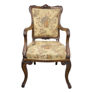 1910s English Edwardian Carved Upholstered Armchair With Cabriole Legs For Sale