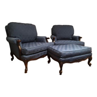 Sea Shell/Star Fish/Sand Dollar Fabric with Dark Wood Scroll Arms and Cabriole Feet Chairs & Footstool - 3 Pieces For Sale