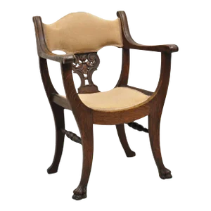 19th Century Antique Carved Oak Renaissance Revival Paw Foot Curule Throne Armchair