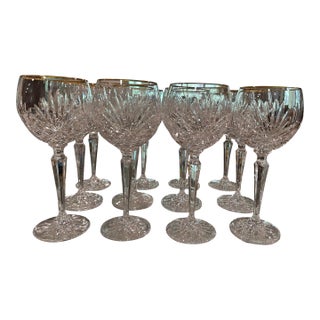 1970s Miller Rogaska Baloon Wine Glasses in the Richmond Pattern With Gold Trim on Top Edge- Set of 12 For Sale