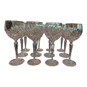 1970s Miller Rogaska Baloon Wine Glasses in the Richmond Pattern With Gold Trim on Top Edge- Set of 12