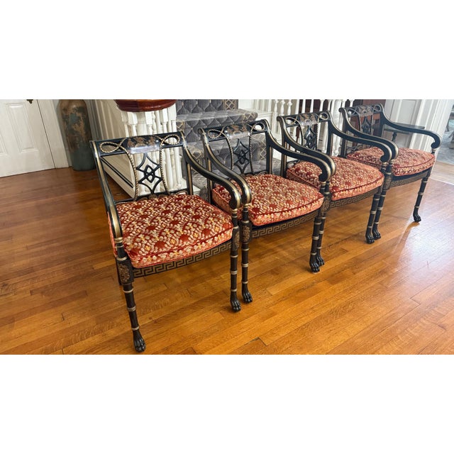 A showstopping set of four Regency-style armchairs by Interior Crafts Inc., crafted in the late 1960s. These chairs are...